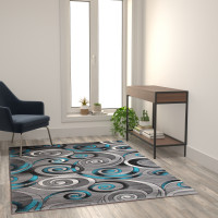 Flash Furniture ACD-RG414-57-TQ-GG Masie Collection 5' x 7' Turquoise Swirl Olefin Area Rug with Jute Backing - Entryway, Living Room, Bedroom